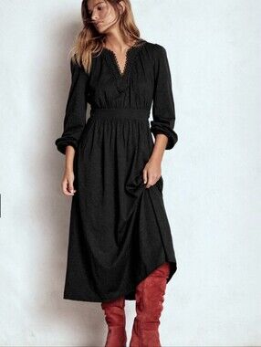 Boden "Maddie Picot Trim Dress". Long Sleeve. Scalloped V Neck Trim. Black. 8 P.
